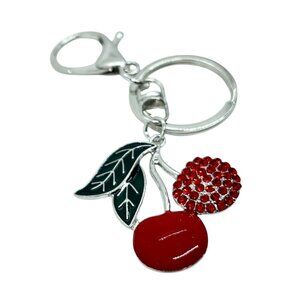 3/$30 CHERRY KEYCHAIN SILVER TONE ENAMEL LEAF RED RHINESTONE BAG CHARM FRUIT NWT
